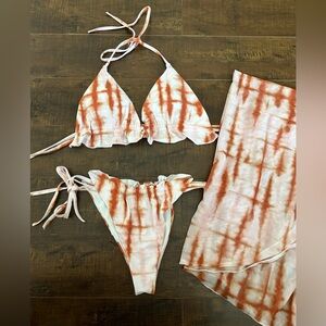 3-Piece Bikini Set, Brown and White, Size Large